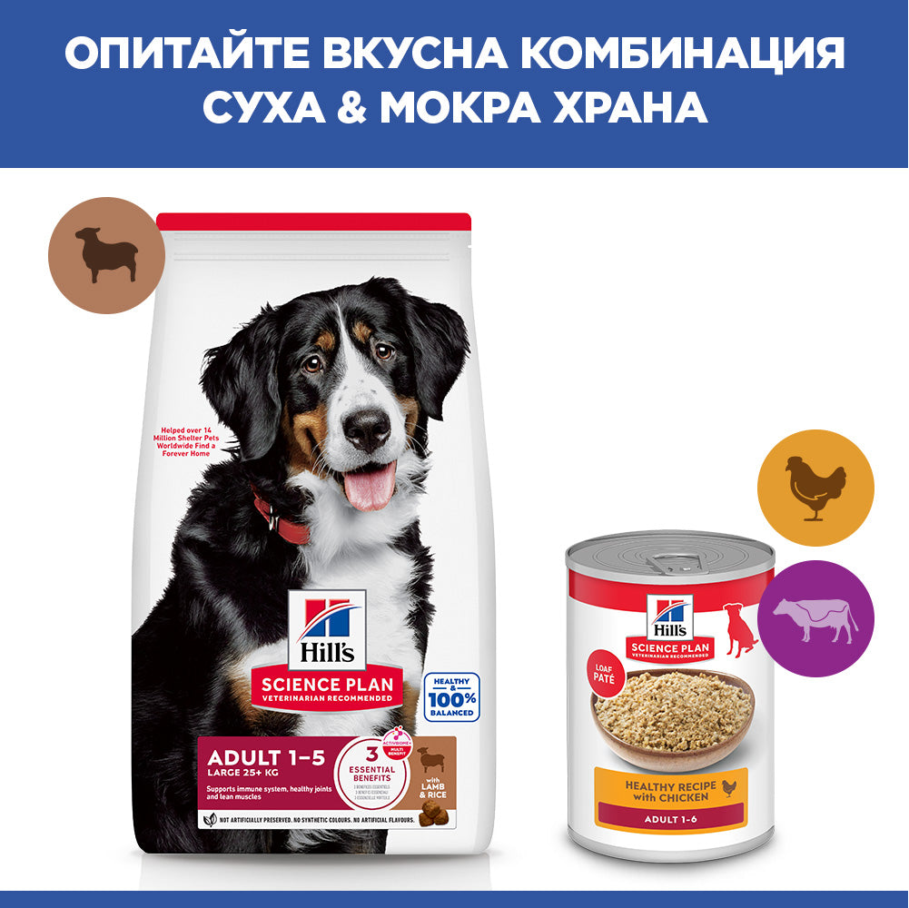 Hills Science Plan Large Breed Adult – с агнешко, пълноценна храна за кучета от едри породи над 25 кг с умерени енергийни нужди, 1 - 6 г. 11+3 кг.