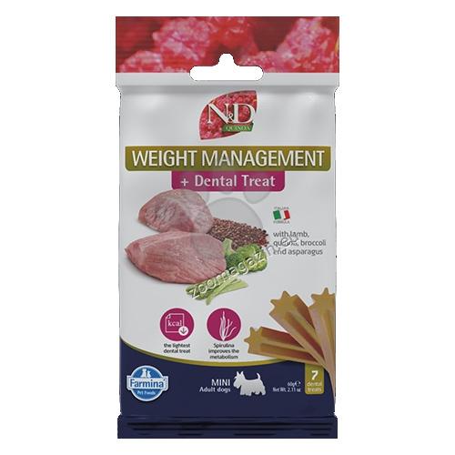 N&D Dog Dental Treat Weight Management Adult Mini - дентални лакомства за контрол на теглото за кучета от дребни породи с киноа, агнешко, броколи и аспержи 60 гр