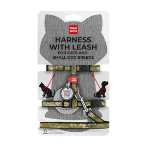 Waudog Harness with Lead Military XS - нагръдник с повод за котка с QR код за сигурност 25 / 40 см / 10 мм