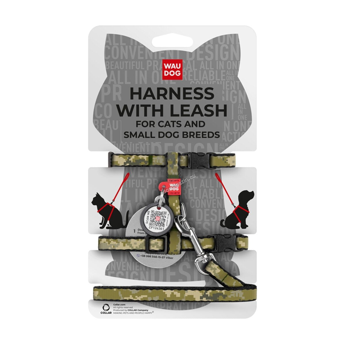 Waudog Harness with Lead Military XS - нагръдник с повод за котка с QR код за сигурност 25 / 40 см / 10 мм