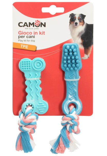 Camon TPE Toothbrush and Bone with Rope - играчка за куче 10 см