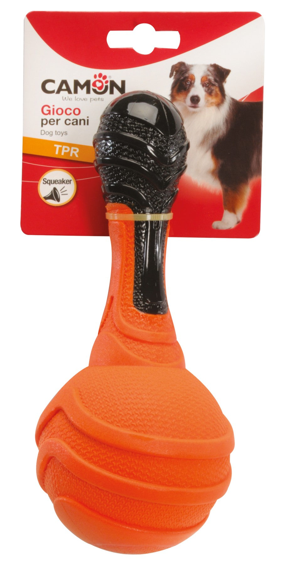 Camon TPR Bicolor Dumbbell with Ball and Squeaker - кучешка играчка 20 см