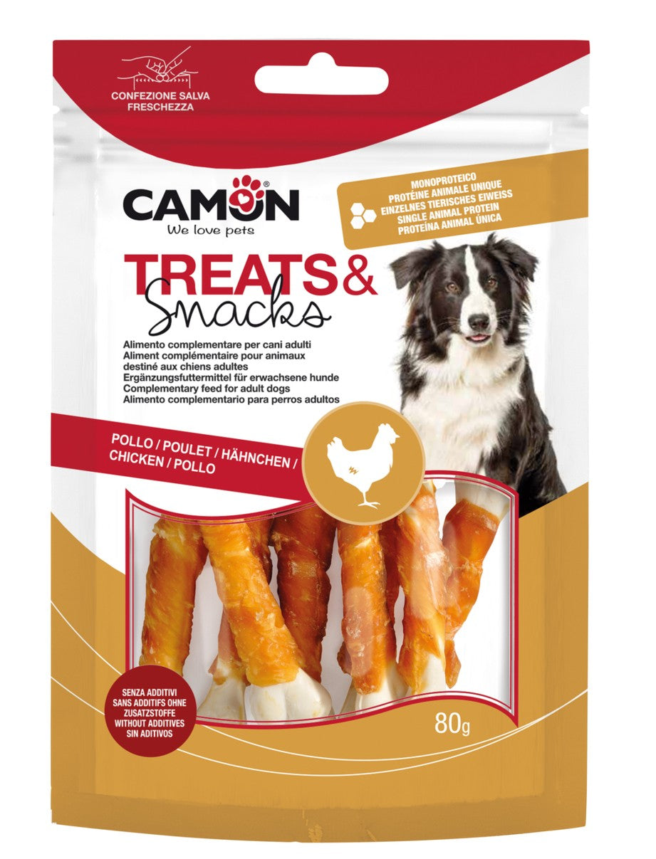 Camon Treats Snack Chicken and Bones - лакомство със сушено чисто пилешко месо върху калциево кокалче 14 броя, 80 гр
