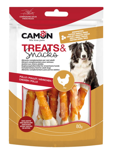 Camon Treats Snack Chicken and Bones - лакомство със сушено чисто пилешко месо върху калциево кокалче 14 броя, 80 гр