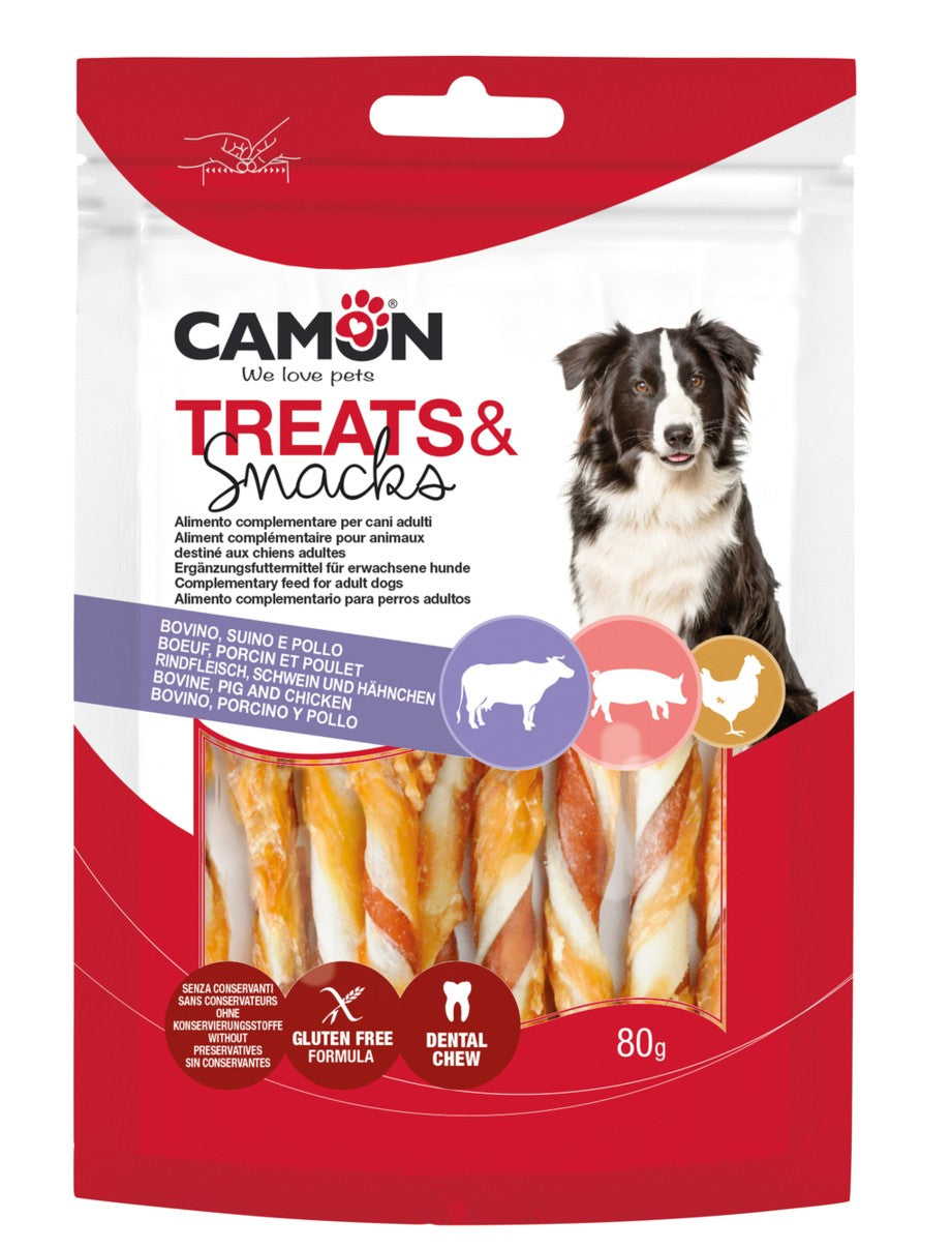 Camon Treats Snacks Twisted Sticks with Chicken - солета от телешка и свинска кожа, увита с пилешко месо 80 гр