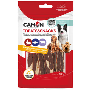 Camon Rabbit, Codfish and Rawhide Jerky - лакомство за кучета със заешко, треска и телешка кожа 100 гр
