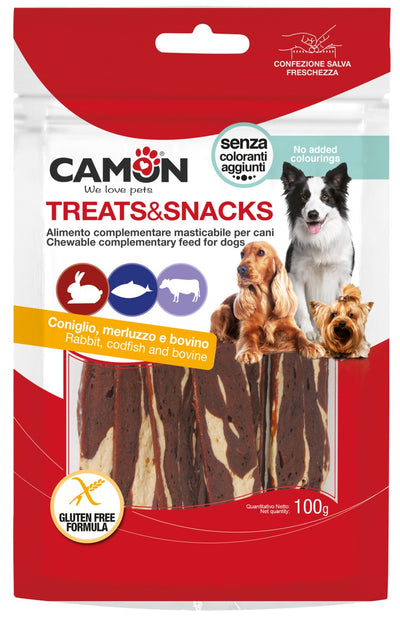 Camon Rabbit, Codfish and Rawhide Jerky - лакомство за кучета със заешко, треска и телешка кожа 100 гр