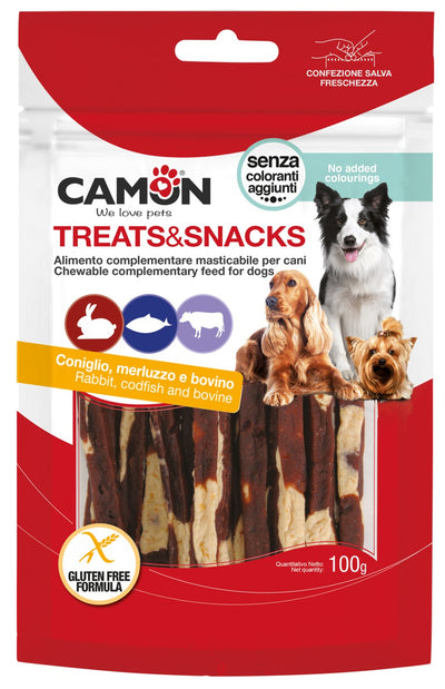 Camon Chew Sticks with Rabbit, Cod and Rawhide - солети със заешко, треска и телешка кожа 100 гр