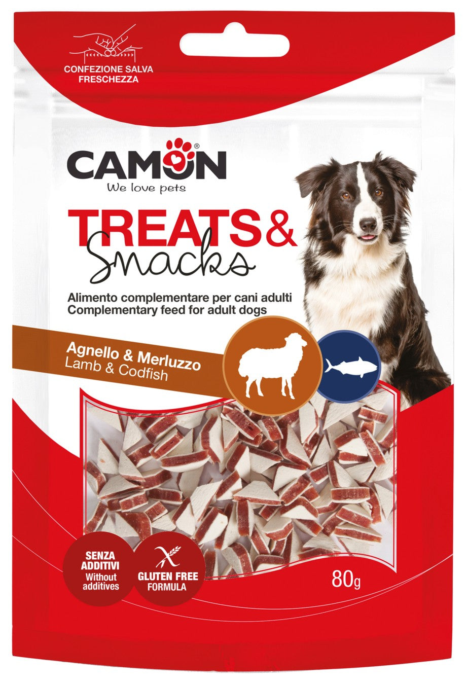Camon Treats Snacks - меки хапки в формата на триъгълник с агнешко месо и риба 80 гр