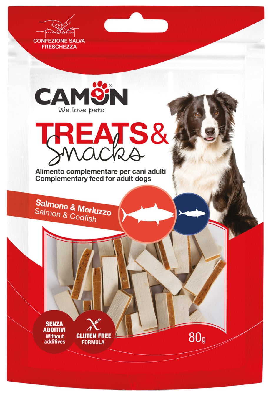 Camon Treats Snacks - меки хапки в формата на сандвич с сьомга и треска 80 гр