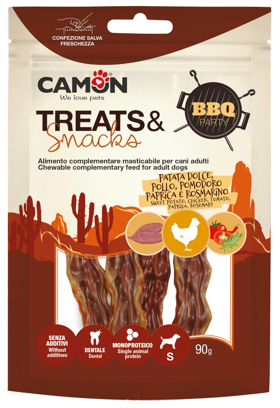 Camon BBQ Party Sweet potato bacon with chicken - лакомство за кучета с пилешко месо и сладък картоф 90 гр