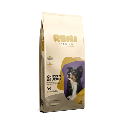 Remi Premium Dog Medium Breed Chicken and Turkey - суха храна за кучета от средни породи с пилешко и пуешко месо