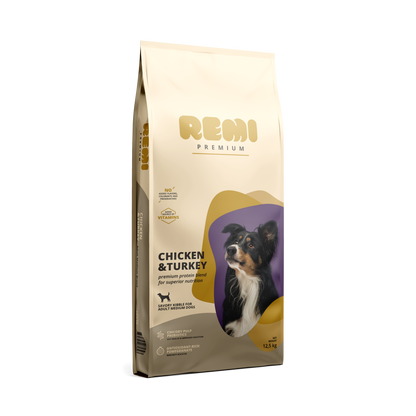 Remi Premium Dog Medium Breed Chicken and Turkey - суха храна за кучета от средни породи с пилешко и пуешко месо 12,5 кг