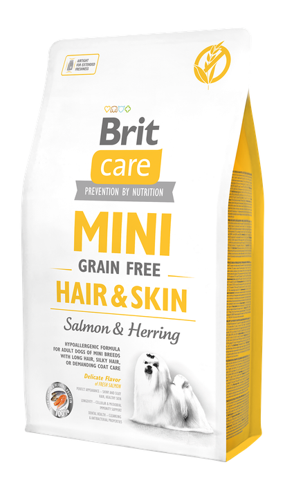 Brit Care Mini Grain Free Hair and Skin - суха храна за кучета със сьомга и херинга за красива и здрава козина