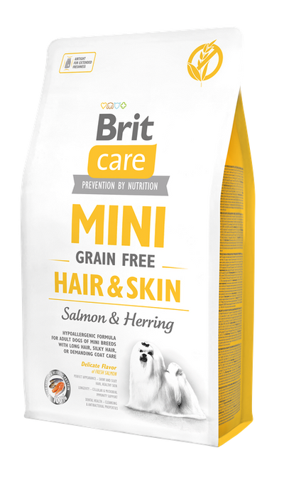 Brit Care Mini Grain Free Hair and Skin - суха храна за кучета със сьомга и херинга за красива и здрава козина