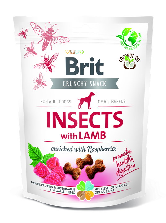 Brit Care Crunchy Cracker Insects with Lamb and Raspberries - лакомство за кучета с насекоми, агнешко и малини за здравословно храносмилане 200 гр