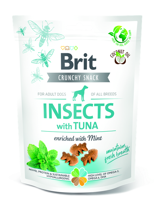Brit Care Crunchy Cracker Insects with Tuna and Mint - лакомство за кучета с насекоми, риба тон и мента за свеж дъх 200 гр