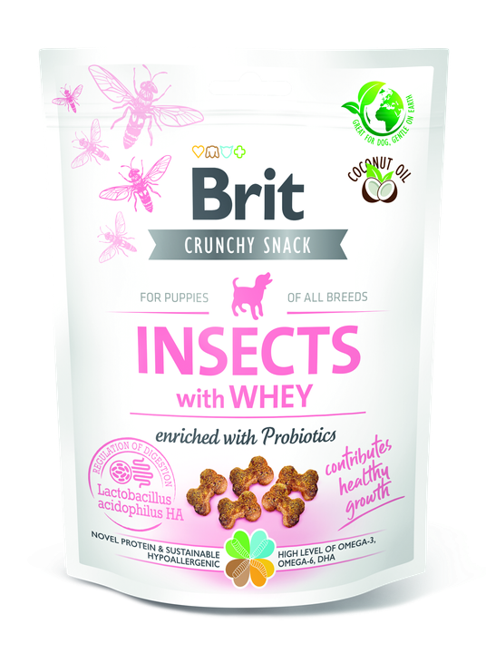 Brit Care Crunchy Cracker Insects with Whey and Probiotics - лакомство за малки кученца с насекоми,пробиотици и мая за здравословен растеж 200 гр
