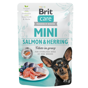 Brit Care Mini with Salmon and Herring Sterilised Fillets Gravy - пауч за кастрирани кучета от малки породи със сьомга и херинга 85 гр