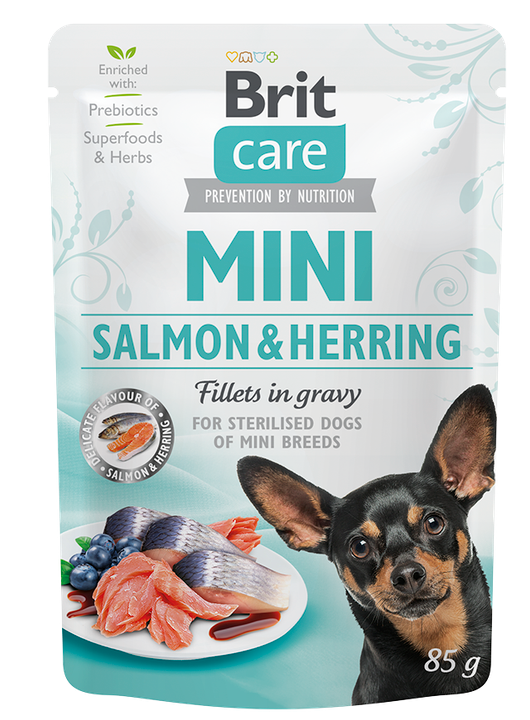 Brit Care Mini with Salmon and Herring Sterilised Fillets Gravy - пауч за кастрирани кучета от малки породи със сьомга и херинга 85 гр