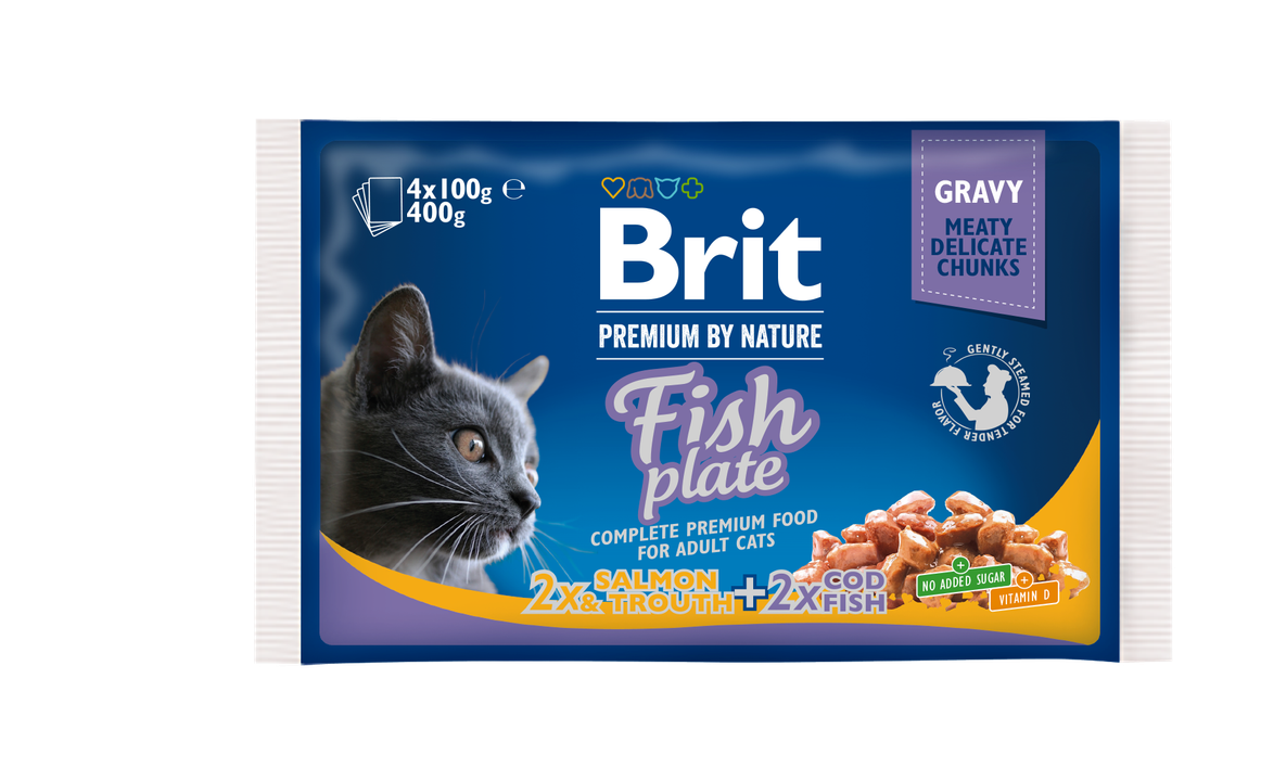 Brit Fish Plate - мултиопаковка паучове за котки с риба треска, сьомга и пъстърва 4 х 100 гр