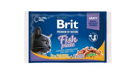 Brit Fish Plate - мултиопаковка паучове за котки с риба треска, сьомга и пъстърва 4 х 100 гр