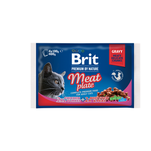 Brit Meat Plate - мултиопаковка паучове за котки с пилешко и пуешко, говеждо и грах 4 х 100 гр