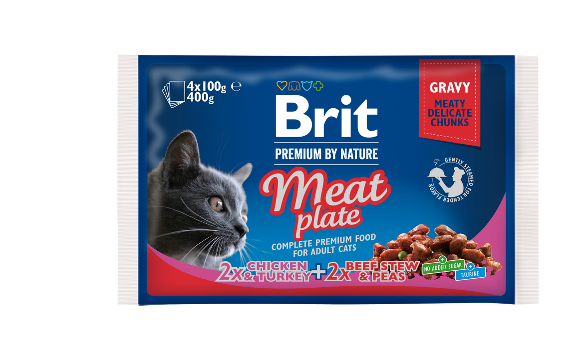 Brit Meat Plate - мултиопаковка паучове за котки с пилешко и пуешко, говеждо и грах 4 х 100 гр