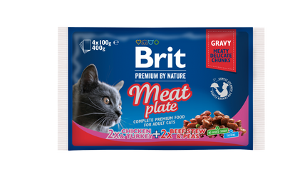 Brit Meat Plate - мултиопаковка паучове за котки с пилешко и пуешко, говеждо и грах 4 х 100 гр