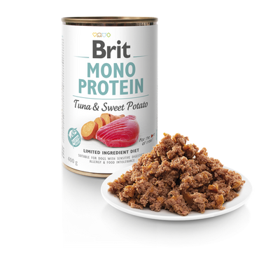 Brit Mono Protein Tuna and Sweet Potato - монопротеинова консерва за кучета с риба тон и сладки картофи 400 гр