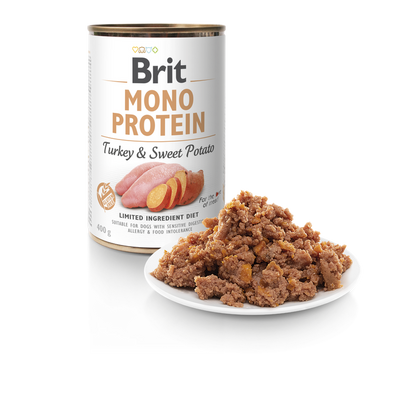 Brit Mono Protein Turkey and Sweet Potato - монопротеинова консерва за кучета с пуешко месо и сладки картофи 400 гр