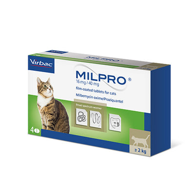 Virbac Milpro 16 / 40 мг - противопаразитни таблетки за котки над 2 кг, 4 броя
