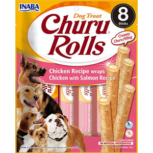 Inaba Churu Rolls Chicken with Salmon - лакомство за кучета с пилешко и сьомга 8 х 12 гр