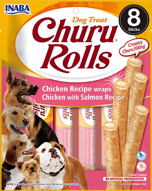 Inaba Churu Rolls Chicken with Salmon - лакомство за кучета с пилешко и сьомга 8 х 12 гр