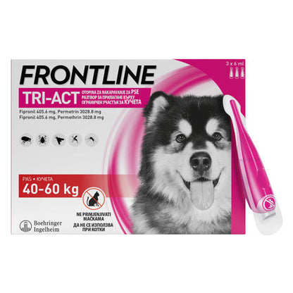РАЗПРОДАЖБА Frontline Tri-Act - спот он форма с разтвор против бълхи и кърлежи, с репелентно действие срещу кърлежи и комари за кучета