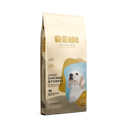 Remi Premium Junior Medium and Large Breed Chicken and Turkey - суха храна за кученца от средни породи с пилешко и пуешко месо