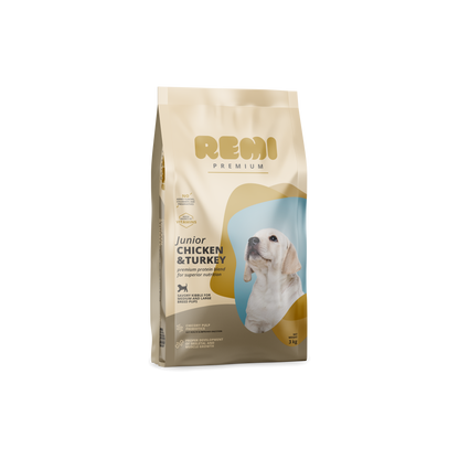 Remi Premium Junior Medium and Large Breed Chicken and Turkey - суха храна за кученца от средни породи с пилешко и пуешко месо