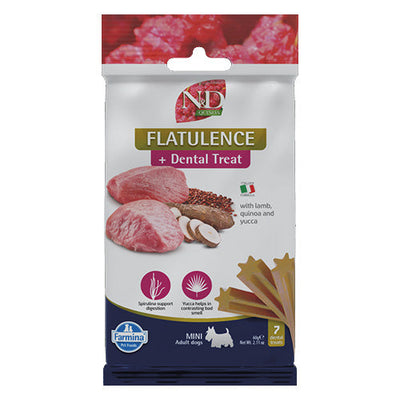 РАЗПРОДАЖБА N&D Dog Dental Treat Flatulence Adult Mini - дентални лакомства за кучета от дребни породи с киноа, агнешко и юка 60 гр