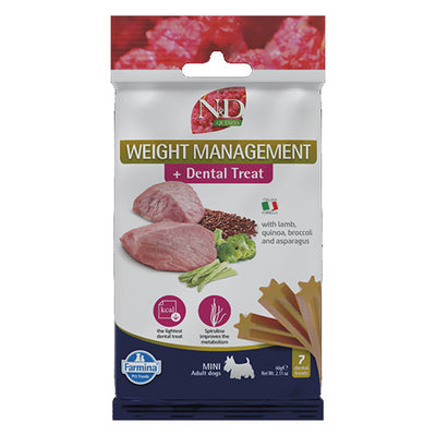 N&D Dog Dental Treat Weight Management Adult Mini - дентални лакомства за контрол на теглото за кучета от дребни породи с киноа, агнешко, броколи и аспержи 60 гр