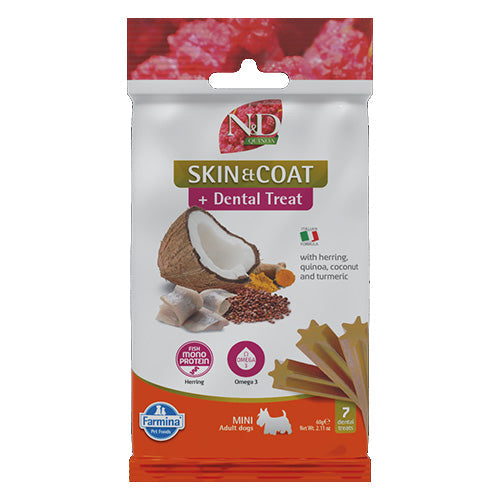 РАЗПРОДАЖБА N&D Dog Dental Treat Skin and Coat Adult Mini - дентални лакомства за здрава кожа и козина за кучета от дребни породи с киноа, херинга, кокос и куркума 60 гр