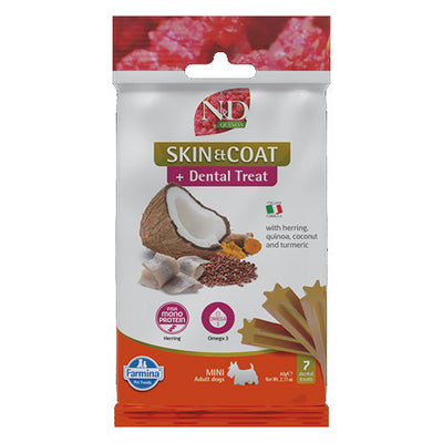 РАЗПРОДАЖБА N&D Dog Dental Treat Skin and Coat Adult Mini - дентални лакомства за здрава кожа и козина за кучета от дребни породи с киноа, херинга, кокос и куркума 60 гр