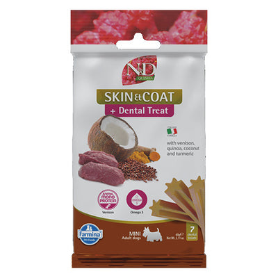 N&D Dog Dental Treat Skin and Coat Adult Mini - дентални лакомства за здрава кожа и козина за кучета от дребни породи с киноа, еленско, кокос и куркума 60 гр