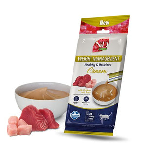 N&D Quinoa Cat Weight Management Cream with Chicken and Tuna - кремообразни лакомства за котки с пилешко за контрол на теглото 4 x 15 г