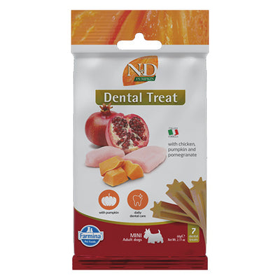 N&D Dog Dental Treat Adult Mini - дентални лакомства за кучета от дребни породи с тиква, пилешко и нар 60 гр