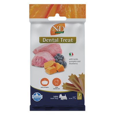 N&D Dog Dental Treat Adult Mini - дентални лакомства за кучета от дребни породи с тиква, агнешко и боровинки 60 гр