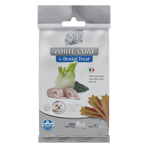 N&D White Dog Dental Treat Adult Mini - дентални лакомства за кучета с бяла козина от дребни породи с лаврак, фенел и спирулина 60 гр