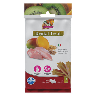 N&D Dog Dental Treat Adult Mini - дентални лакомства за кучета от дребни породи с пилешко, спелта, овес и тропически плодове 60 гр