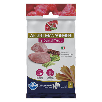 N&D Dog Dental Treat Weight Management Adult Medium and Maxi - дентални лакомства за контрол на теглото за кучета от средни и едри породи с киноа, агнешко, броколи и аспержи 100 гр