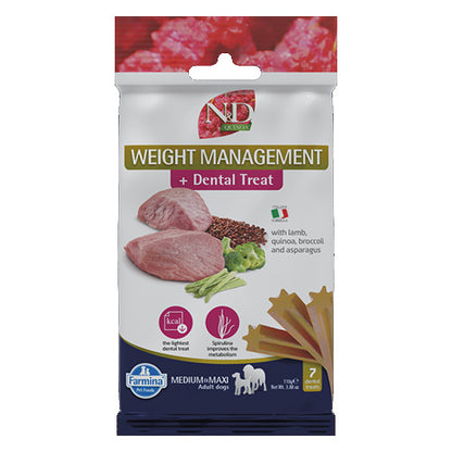 N&D Dog Dental Treat Weight Management Adult Medium and Maxi - дентални лакомства за контрол на теглото за кучета от средни и едри породи с киноа, агнешко, броколи и аспержи 100 гр