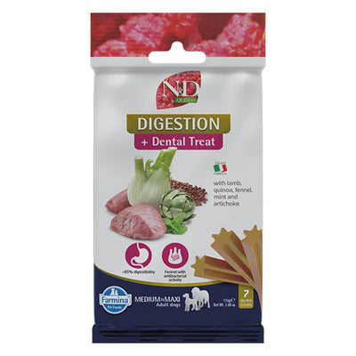 N&D Dog Dental Treat Digestion Adult Medium and Maxi - дентални лакомства за здрав стомах за кучета от средни и едри породи с киноа, агнешко, фенел, мента и артишок 100 гр